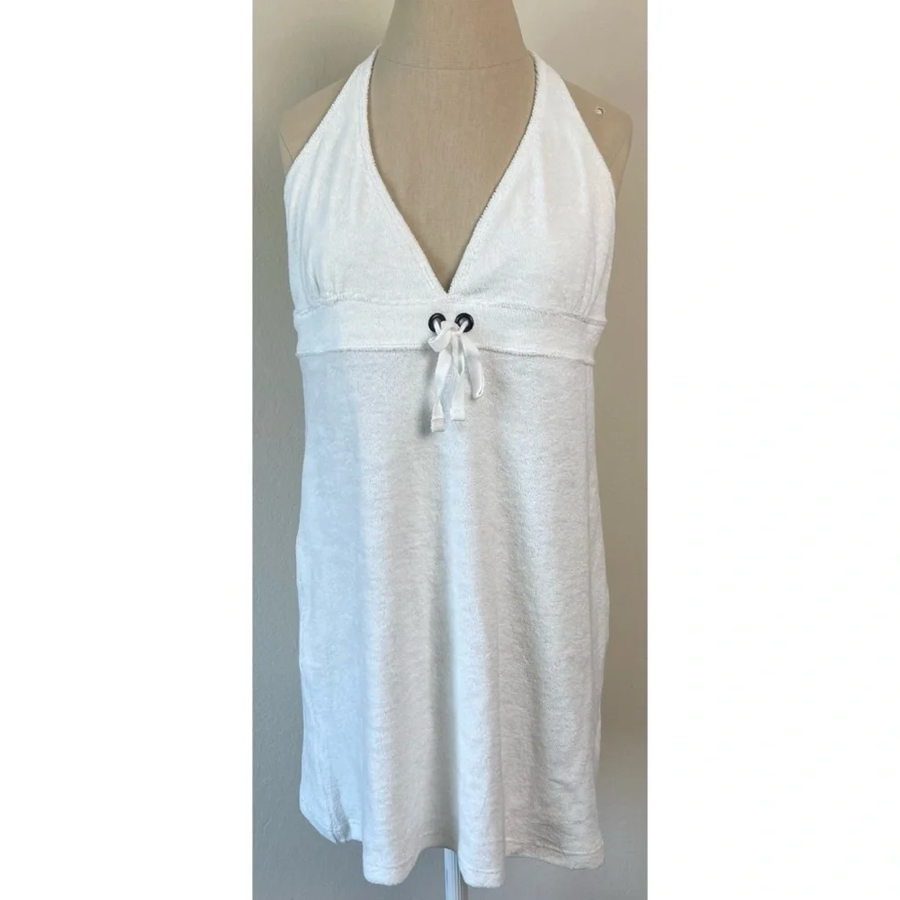 urban outfitters white halter dress BDG Iris Smocked Plunging V-Neckline Halter Mini Dress